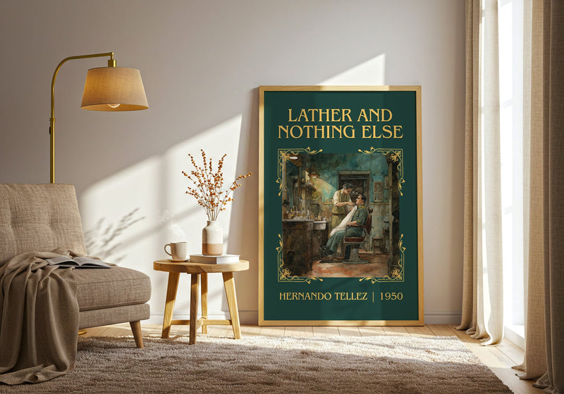 Lather And Nothing Else classic book art print in frame leaning in hallway – classic literature wall art