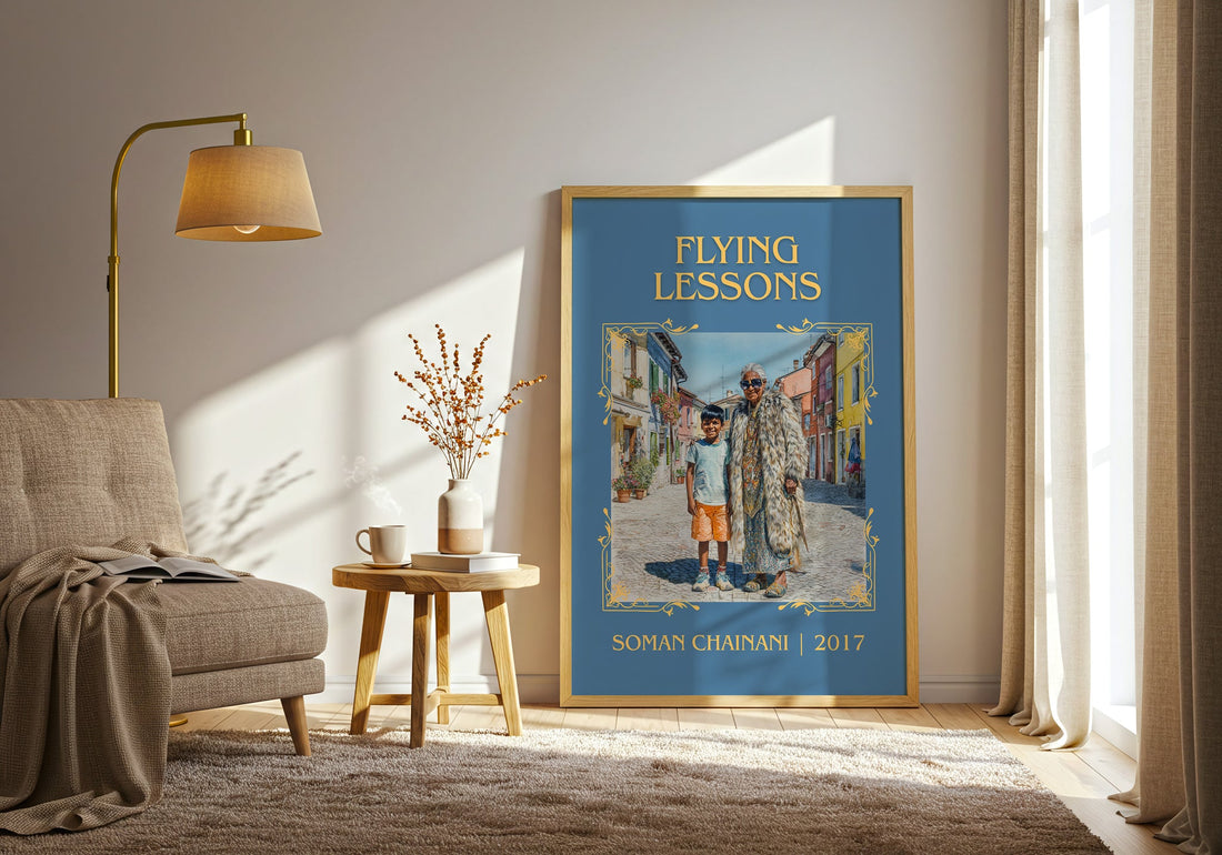 Flying Lessons classic book art print in frame leaning in hallway – childrens wall art (mockup)