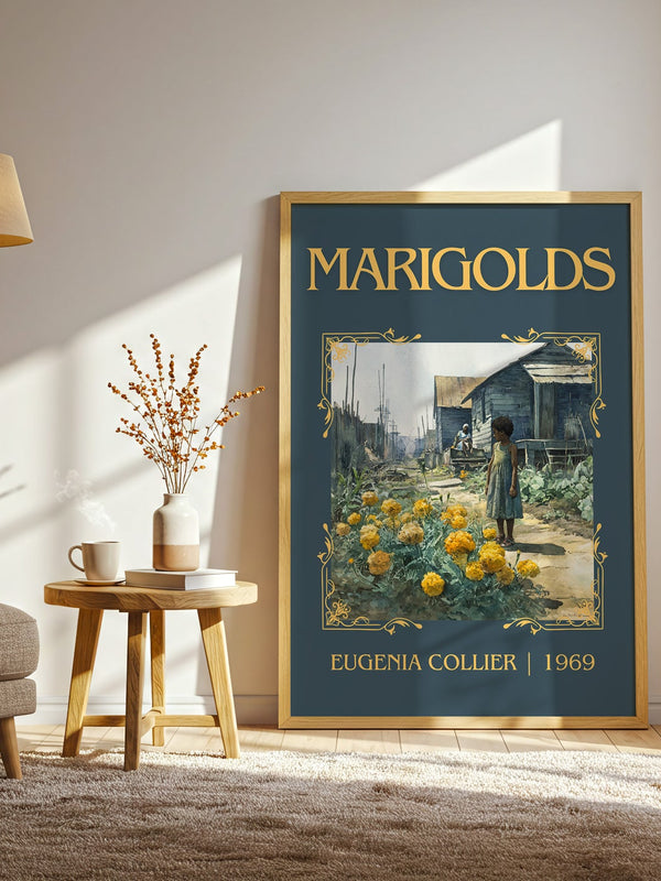 Marigolds classic book art print in frame leaning in hallway – literary fiction wall art