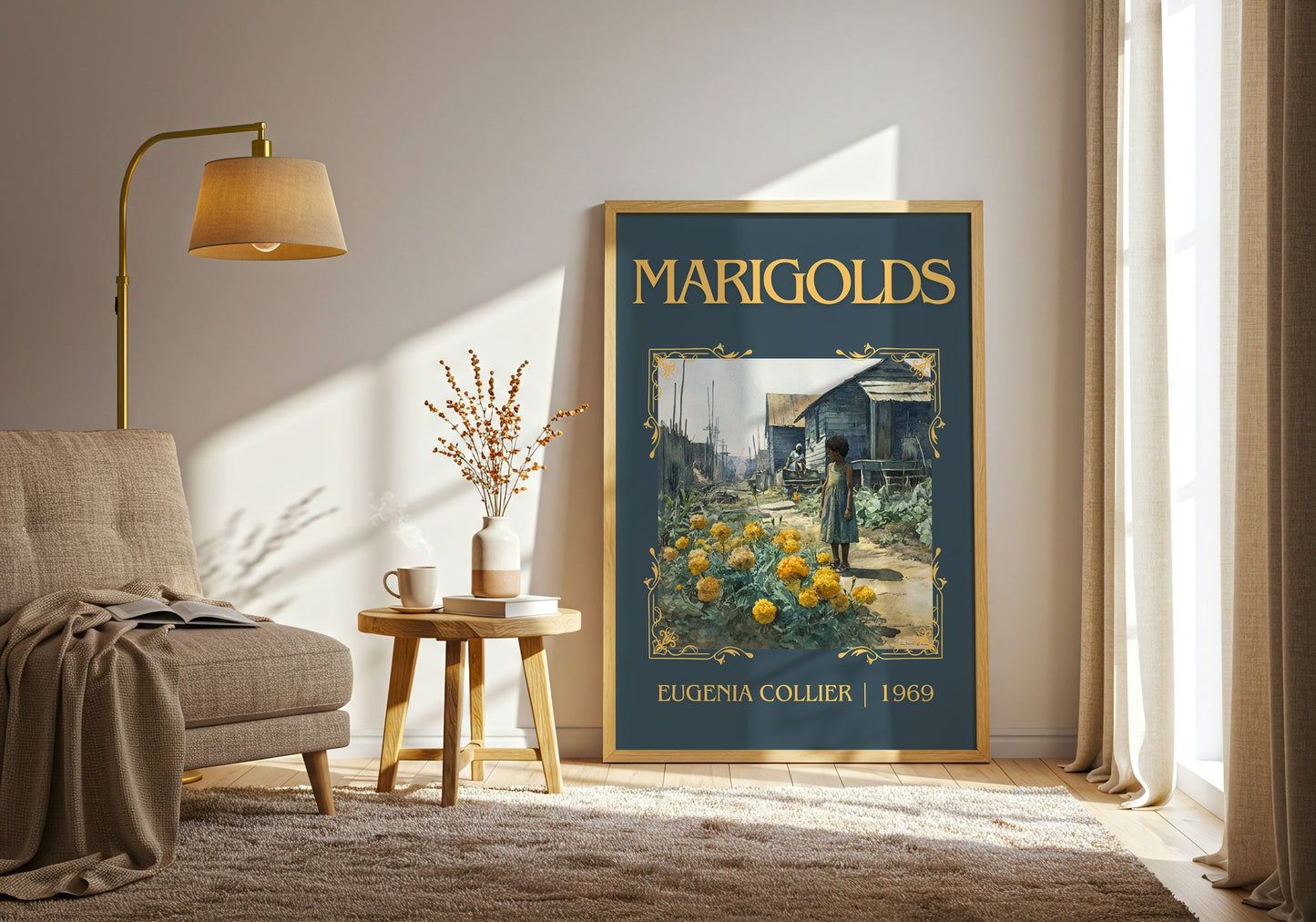Marigolds classic book art print in frame leaning in hallway – literary fiction wall art