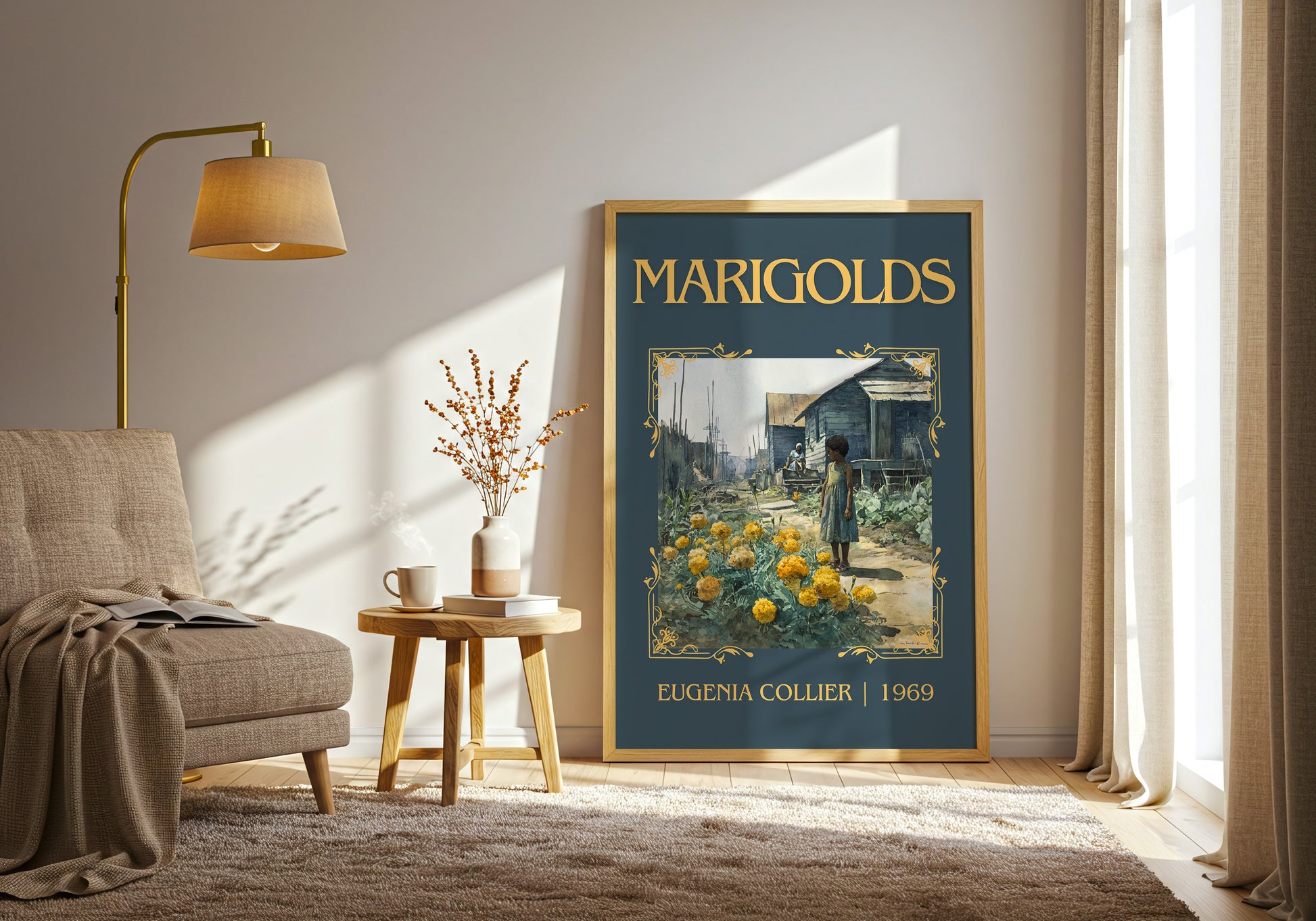 Marigolds classic book art print in frame leaning in hallway – literary fiction wall art