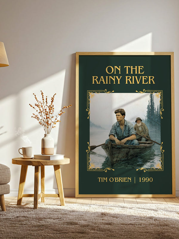 On The Rainy River classic book art print in frame leaning in hallway – non fiction wall art