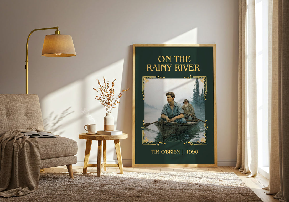 On The Rainy River classic book art print in frame leaning in hallway – non fiction wall art (mockup)