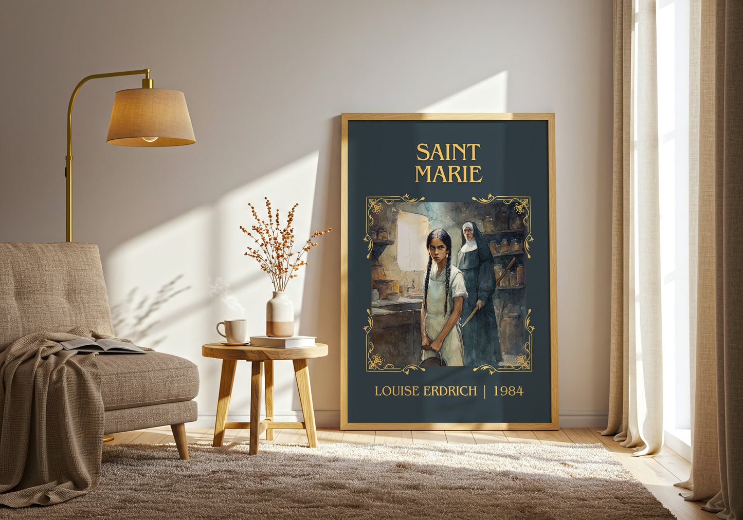 Saint Marie classic book art print in frame leaning in hallway – literary fiction wall art