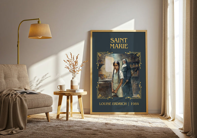 Saint Marie classic book art print in frame leaning in hallway – literary fiction wall art