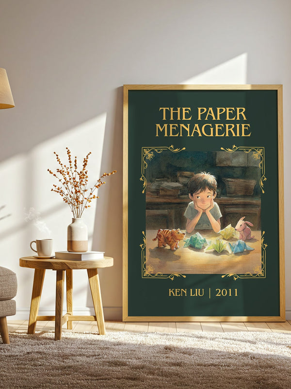The Paper Menagerie classic book art print in frame leaning in hallway – fantasy wall art