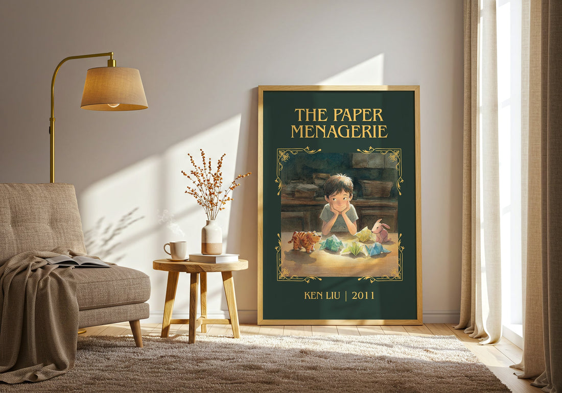 The Paper Menagerie classic book art print in frame leaning in hallway – fantasy wall art (mockup)