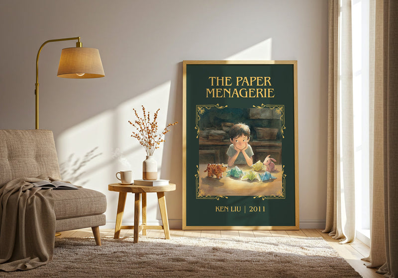 The Paper Menagerie classic book art print in frame leaning in hallway – fantasy wall art