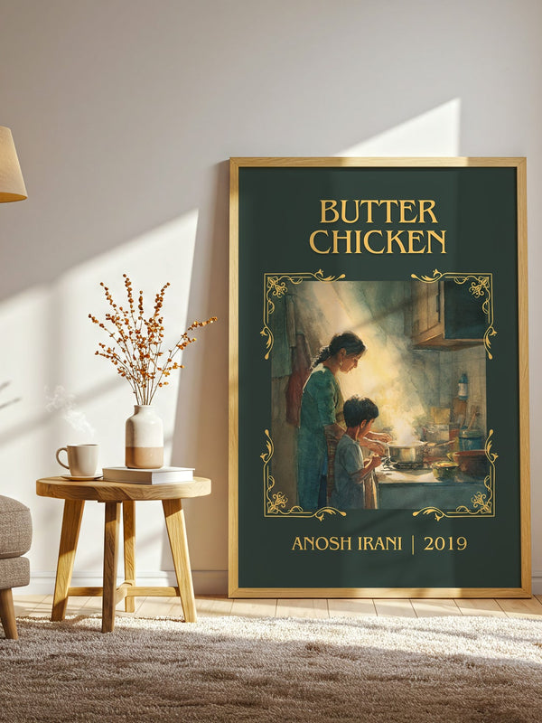 Butter Chicken classic book art print in frame leaning in hallway – literary fiction wall art