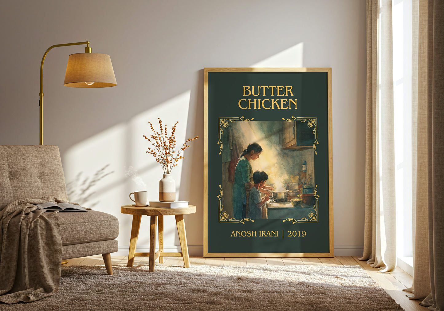 Butter Chicken classic book art print in frame leaning in hallway – literary fiction wall art