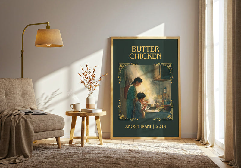 Butter Chicken classic book art print in frame leaning in hallway – literary fiction wall art