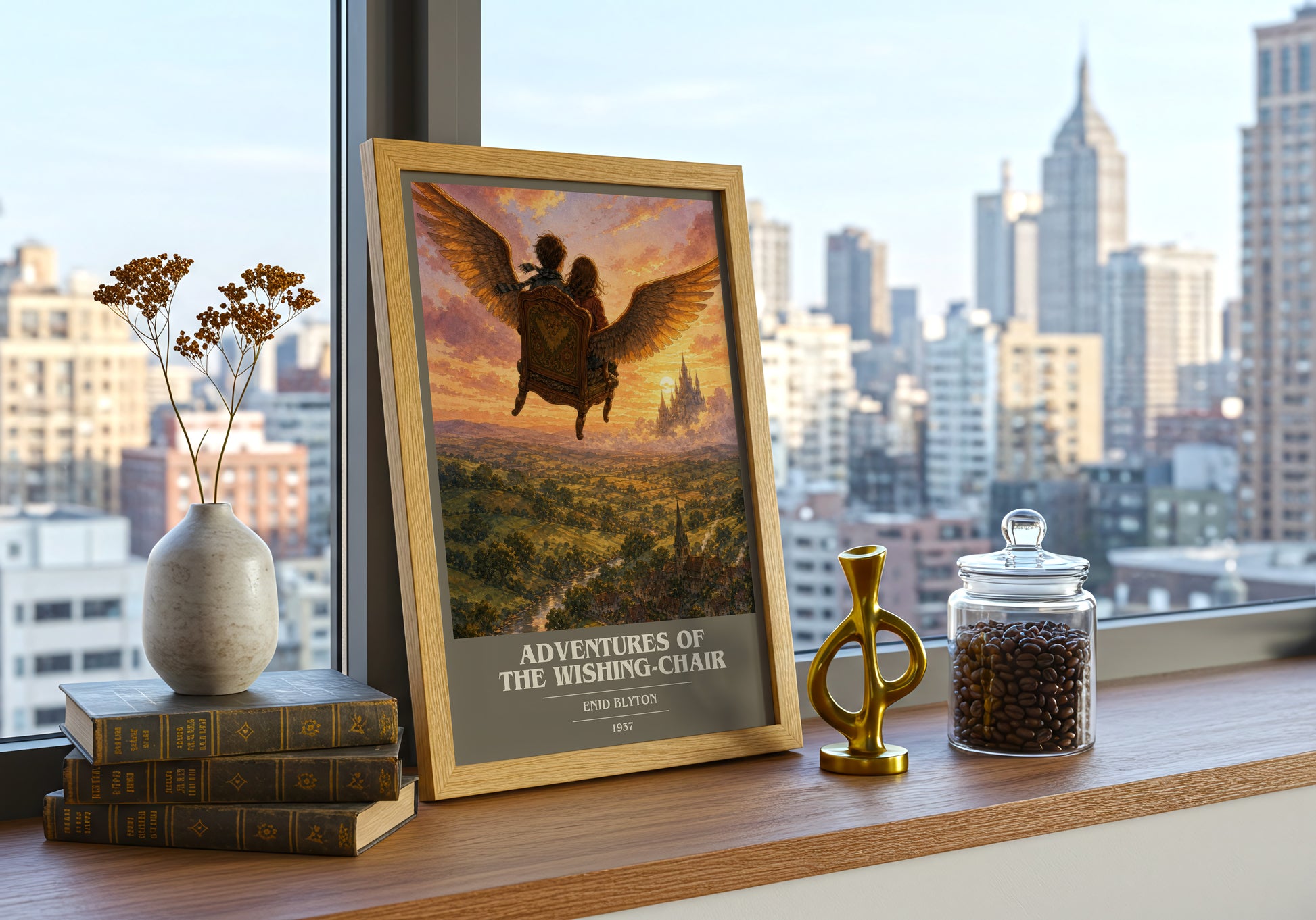 Adventures Of The Wishing-Chair book cover print framed by window – literary home decor