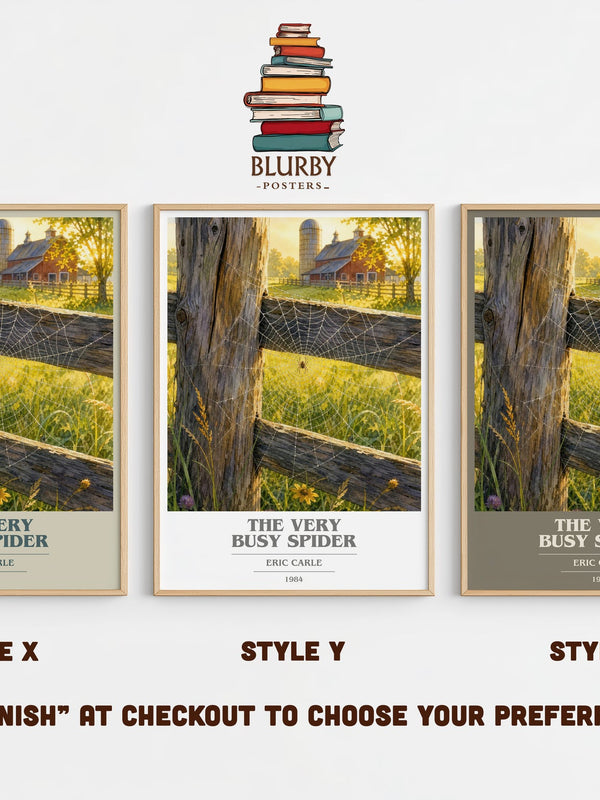 The Very Busy Spider book cover print in frame leaning in hallway – childrens wall art