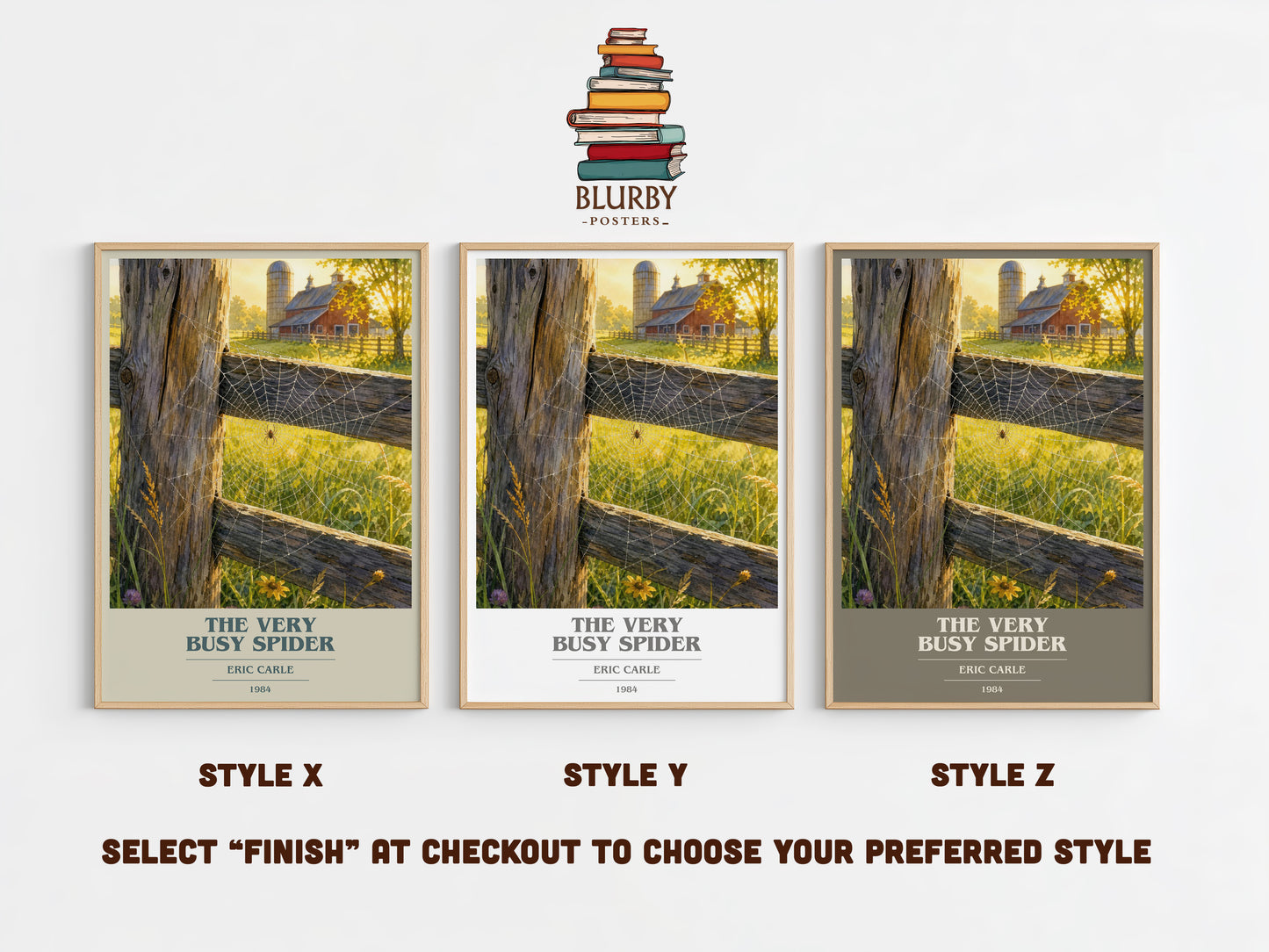 The Very Busy Spider book cover print in frame leaning in hallway – childrens wall art