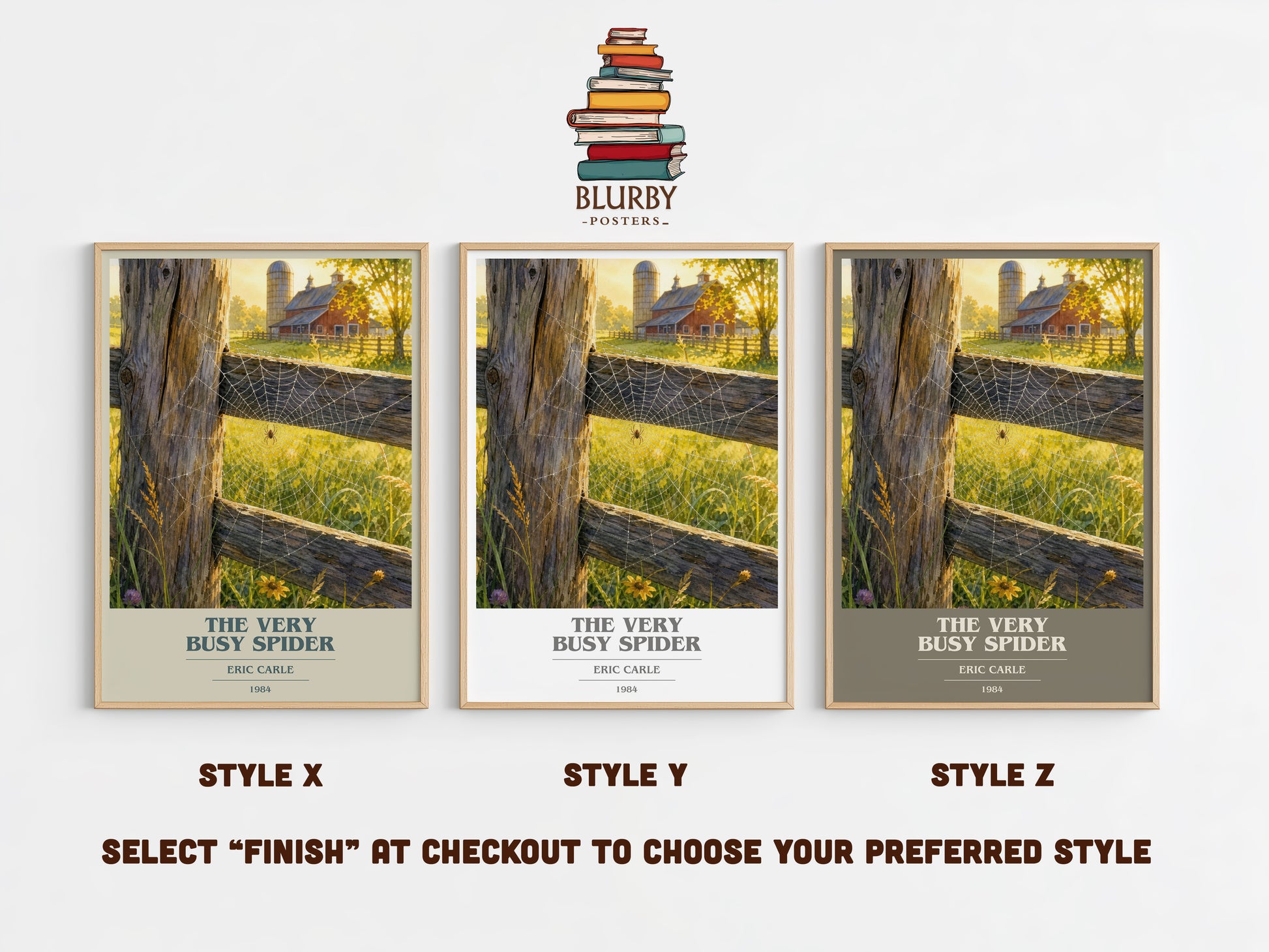 The Very Busy Spider book cover print in frame leaning in hallway – childrens wall art