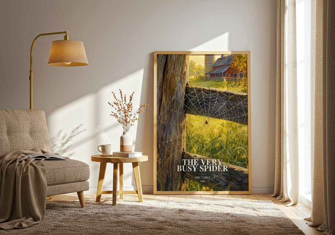 The Very Busy Spider watercolour print in frame leaning in hallway – childrens wall art (mockup)