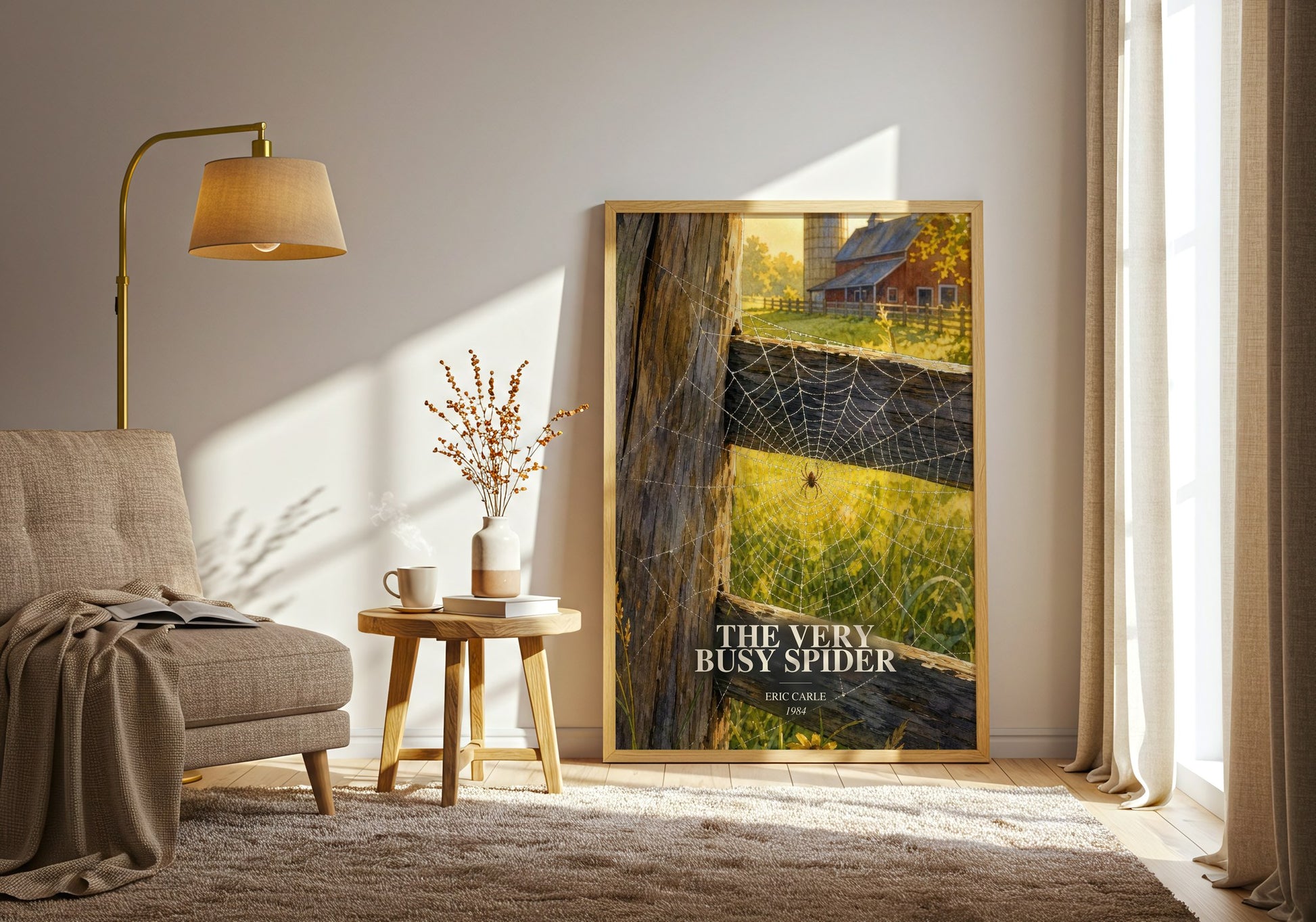 The Very Busy Spider watercolour print in frame leaning in hallway – childrens wall art