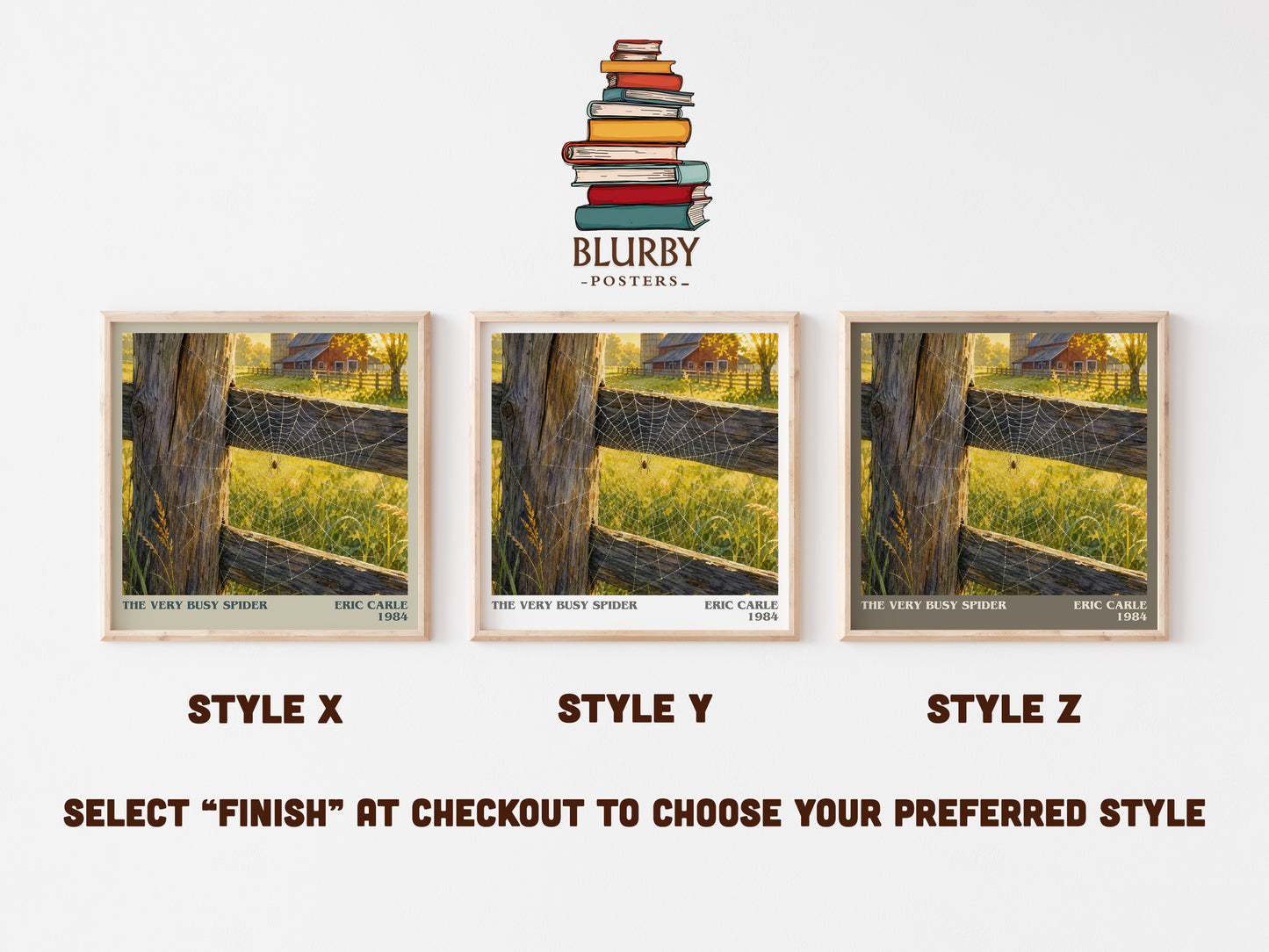 The Very Busy Spider literary print in frame leaning in hallway – childrens wall art
