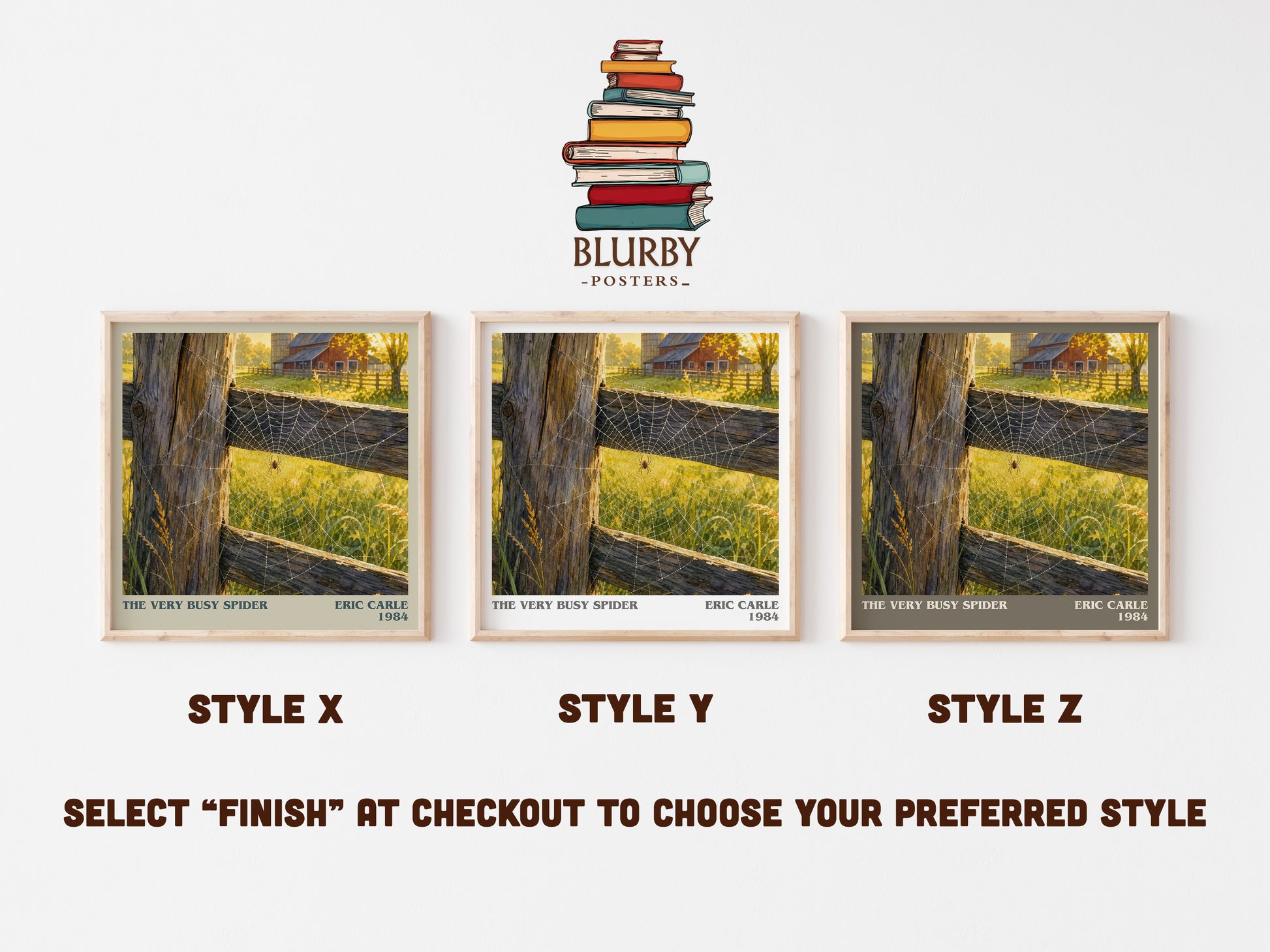 The Very Busy Spider literary print in frame leaning in hallway – childrens wall art