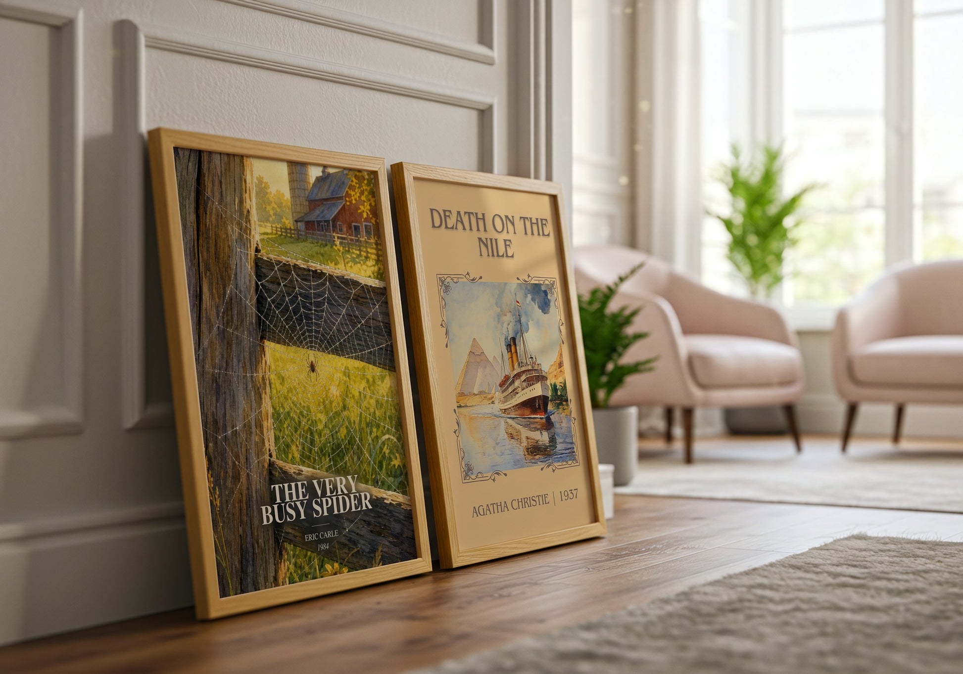 The Very Busy Spider watercolour print framed by window – literary home decor