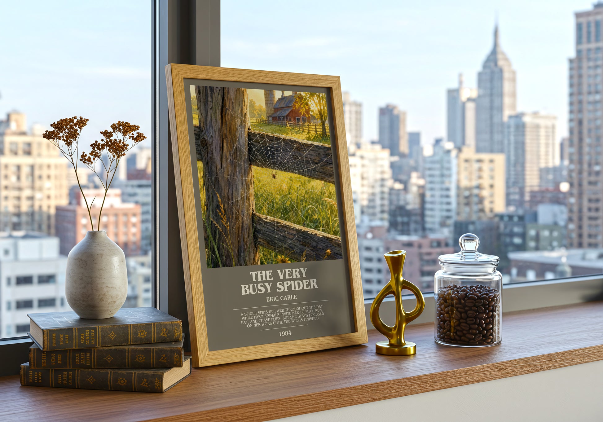 The Very Busy Spider bookish print framed by window – literary home decor