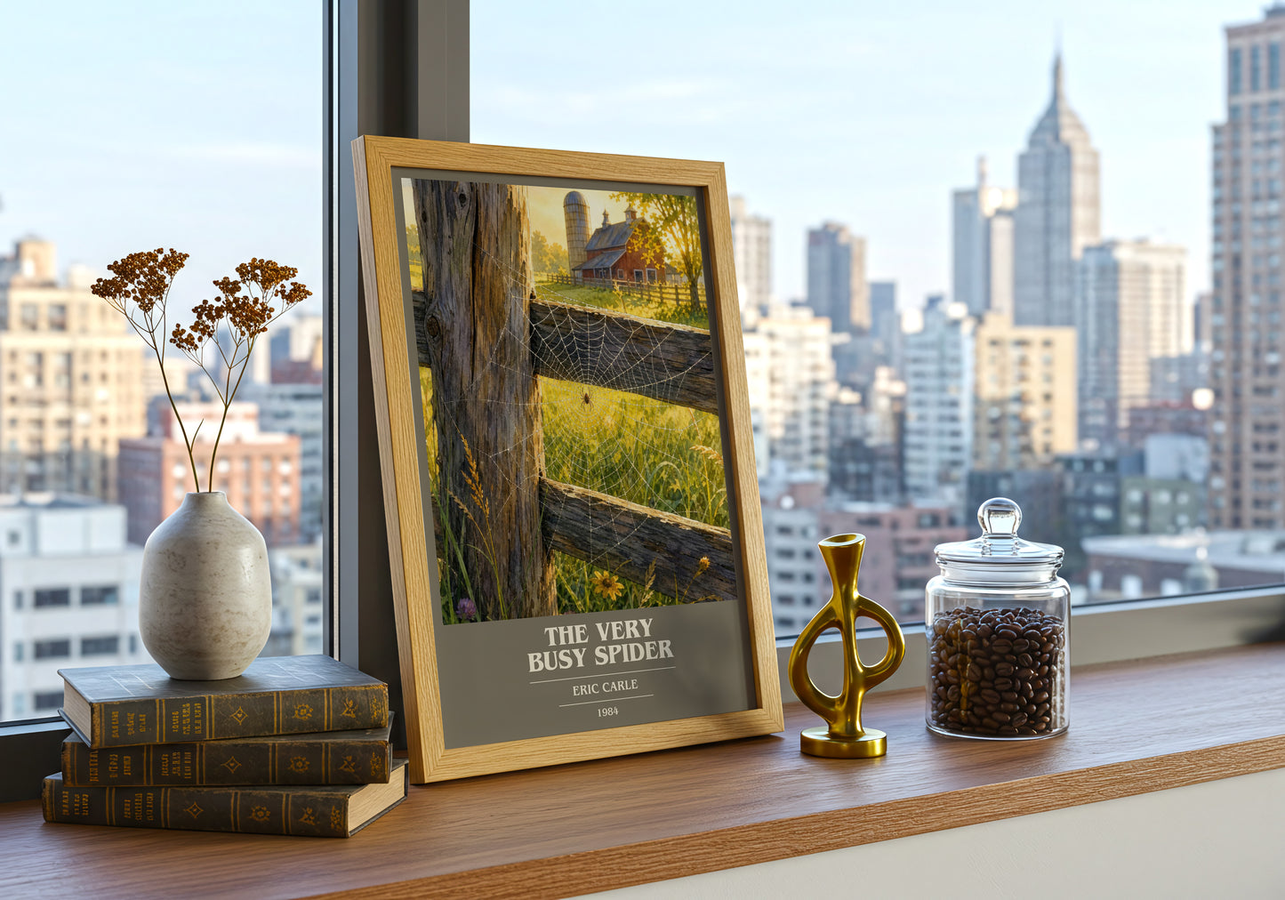 The Very Busy Spider book cover print framed by window – literary home decor