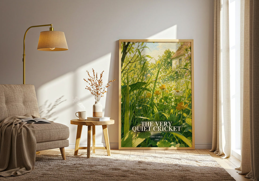 The Very Quiet Cricket watercolour print in frame leaning in hallway – childrens wall art (mockup)