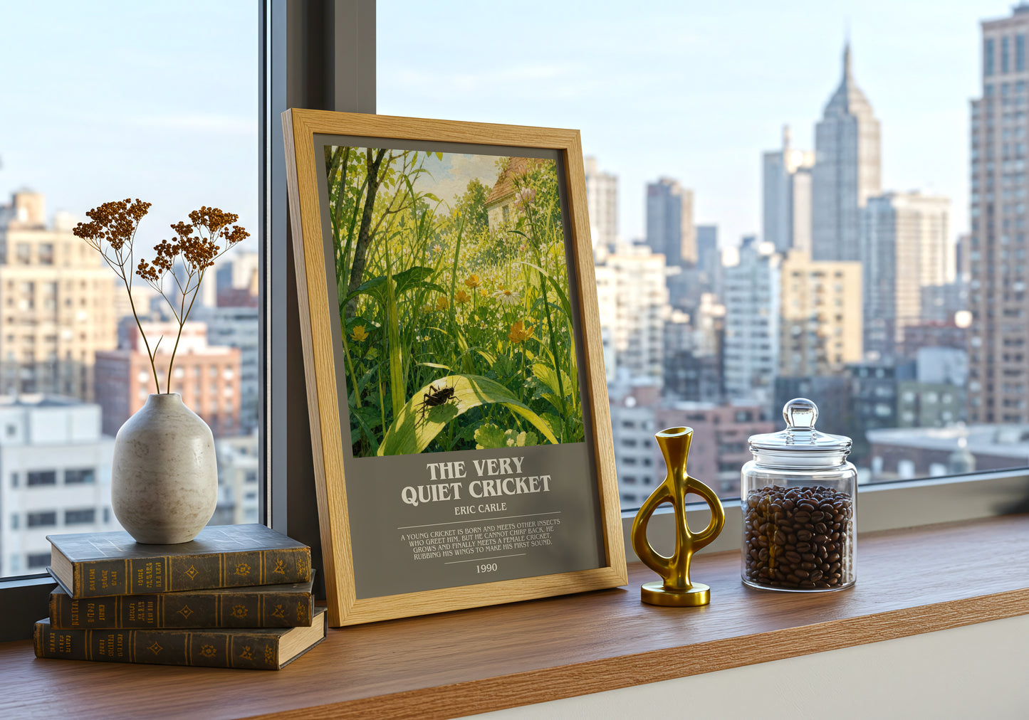 The Very Quiet Cricket bookish print framed by window – literary home decor