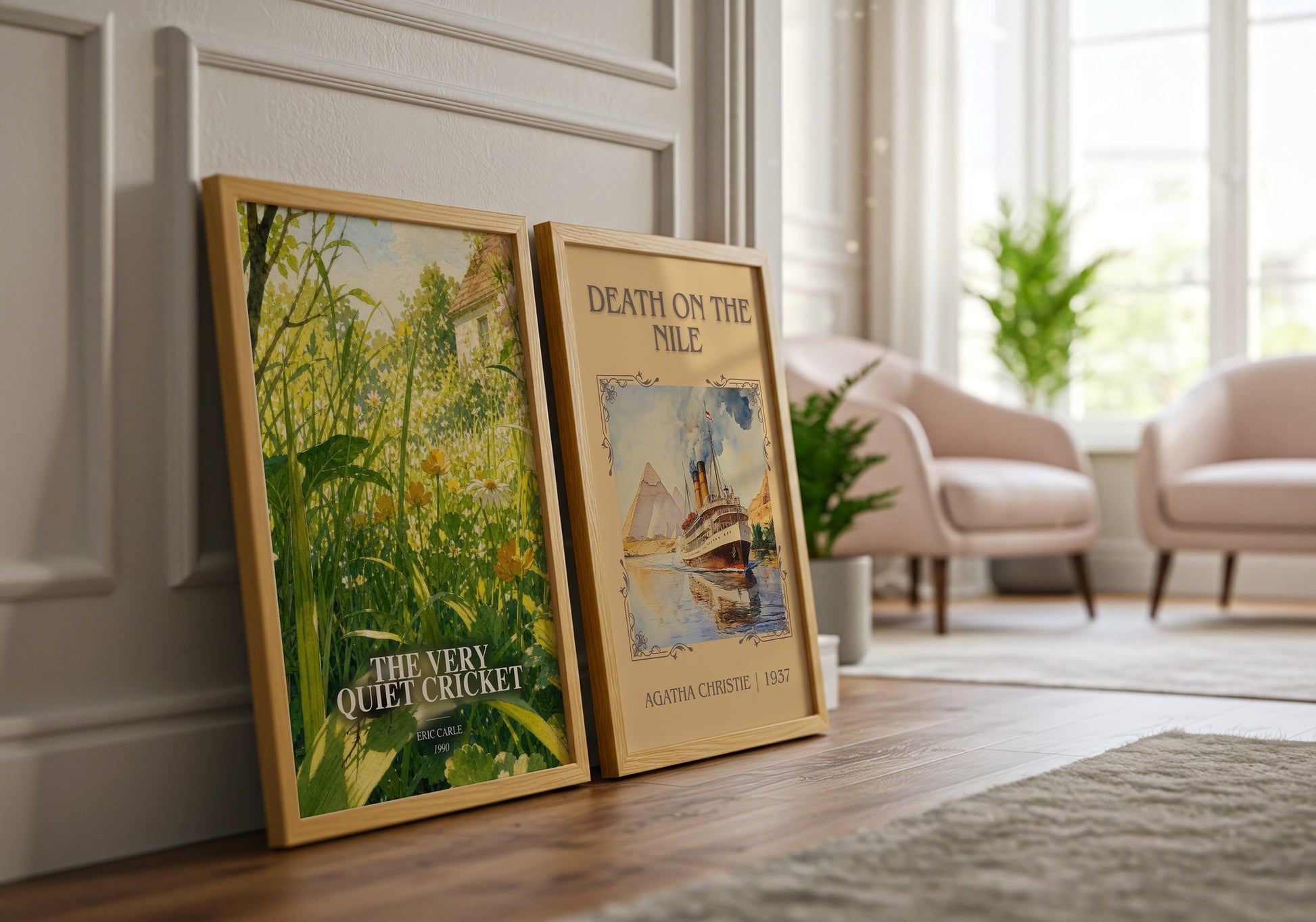 The Very Quiet Cricket watercolour print framed by window – literary home decor