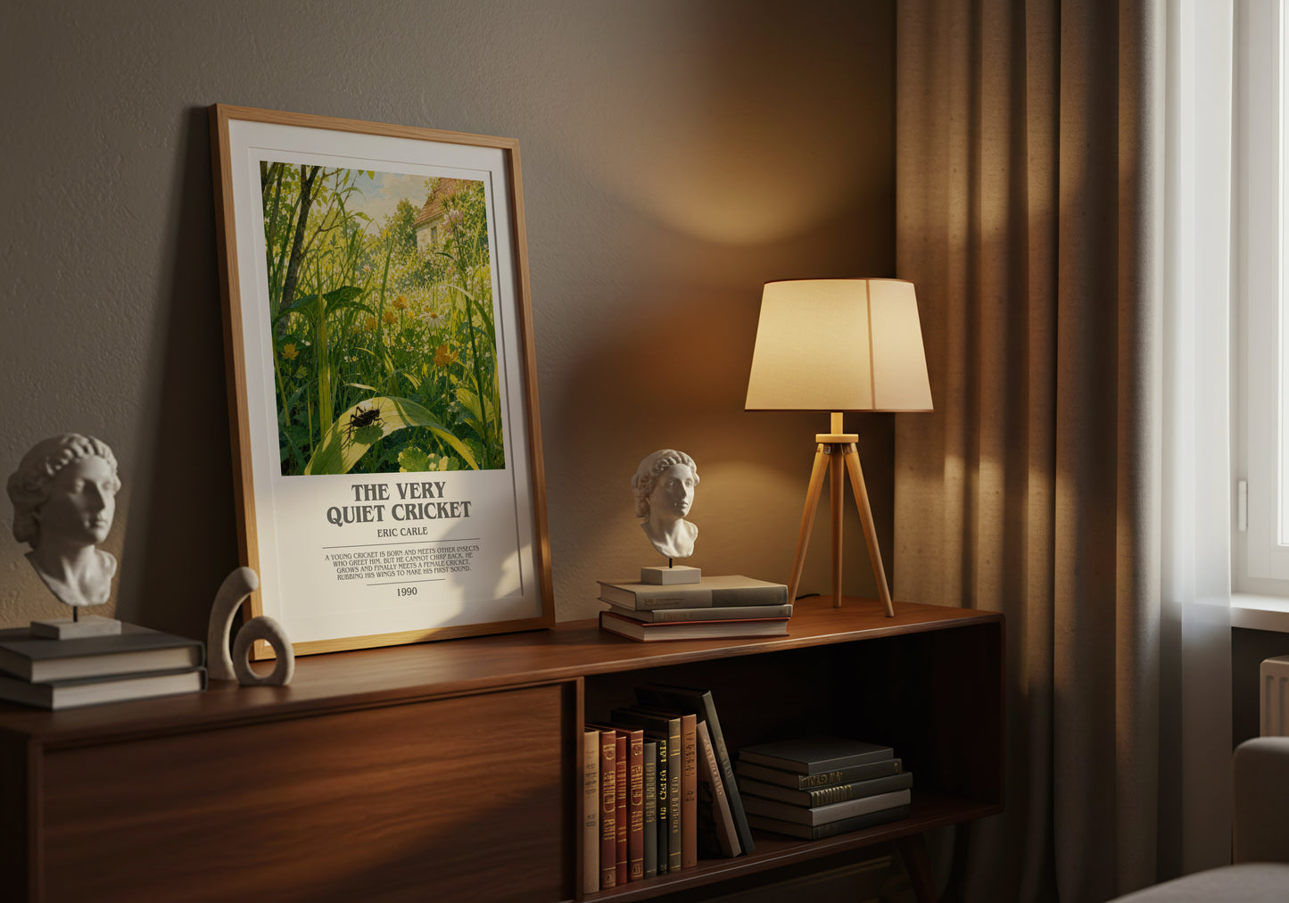 The Very Quiet Cricket bookish book poster framed on wall – childrens wall art