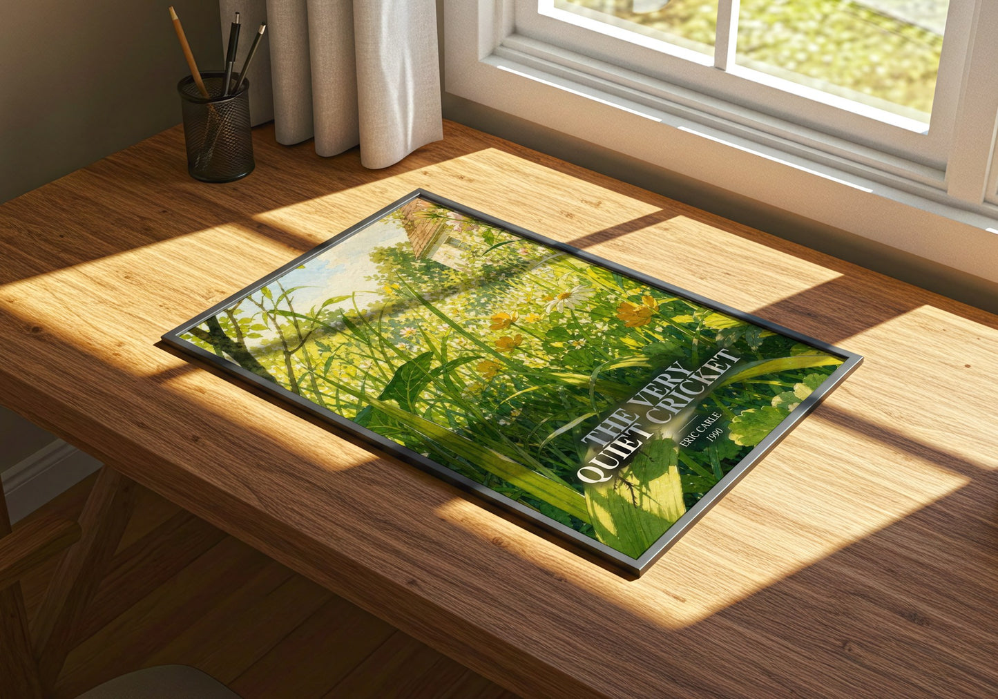 The Very Quiet Cricket watercolour book poster framed on wall – childrens wall art
