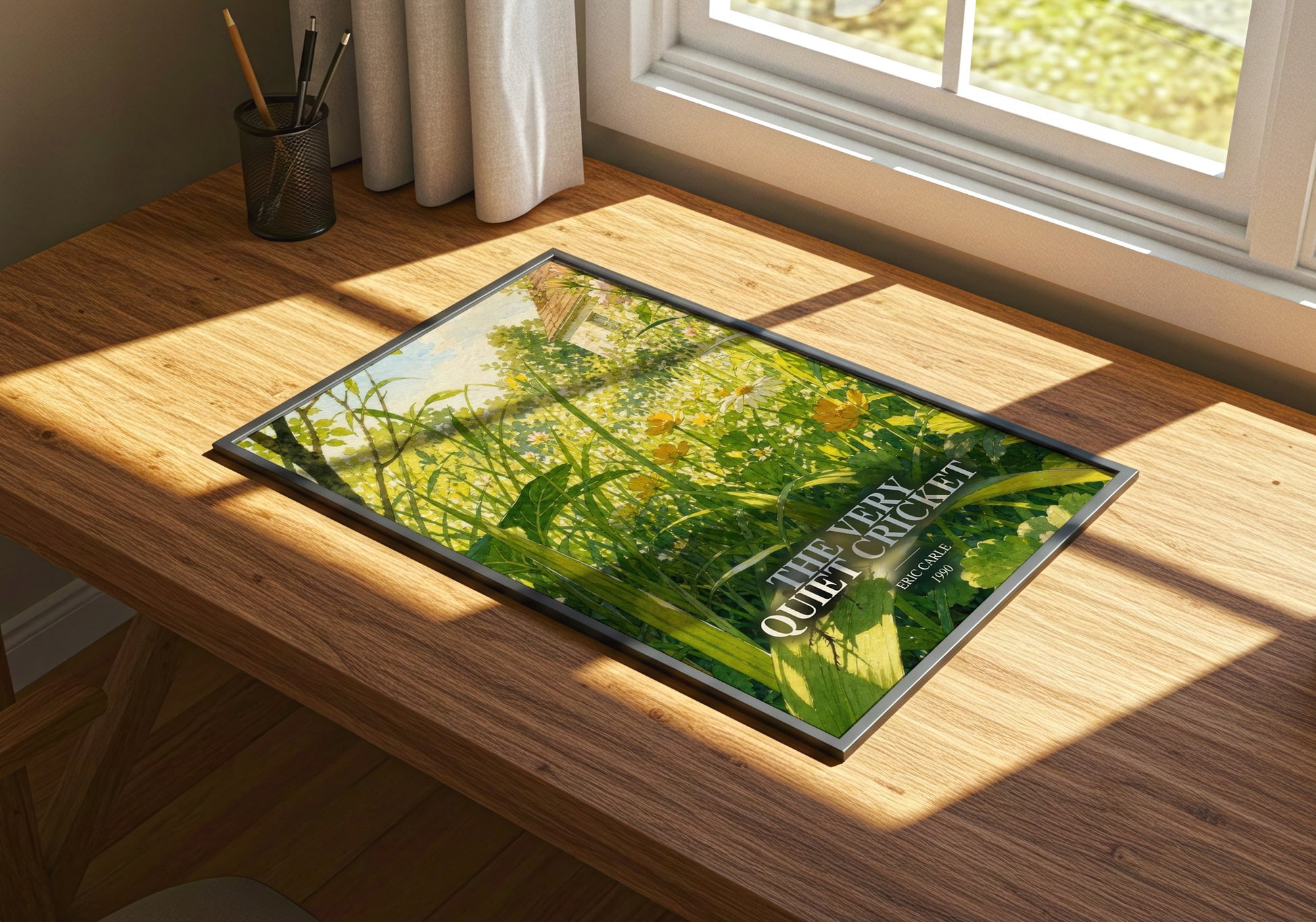 The Very Quiet Cricket watercolour book poster framed on wall – childrens wall art
