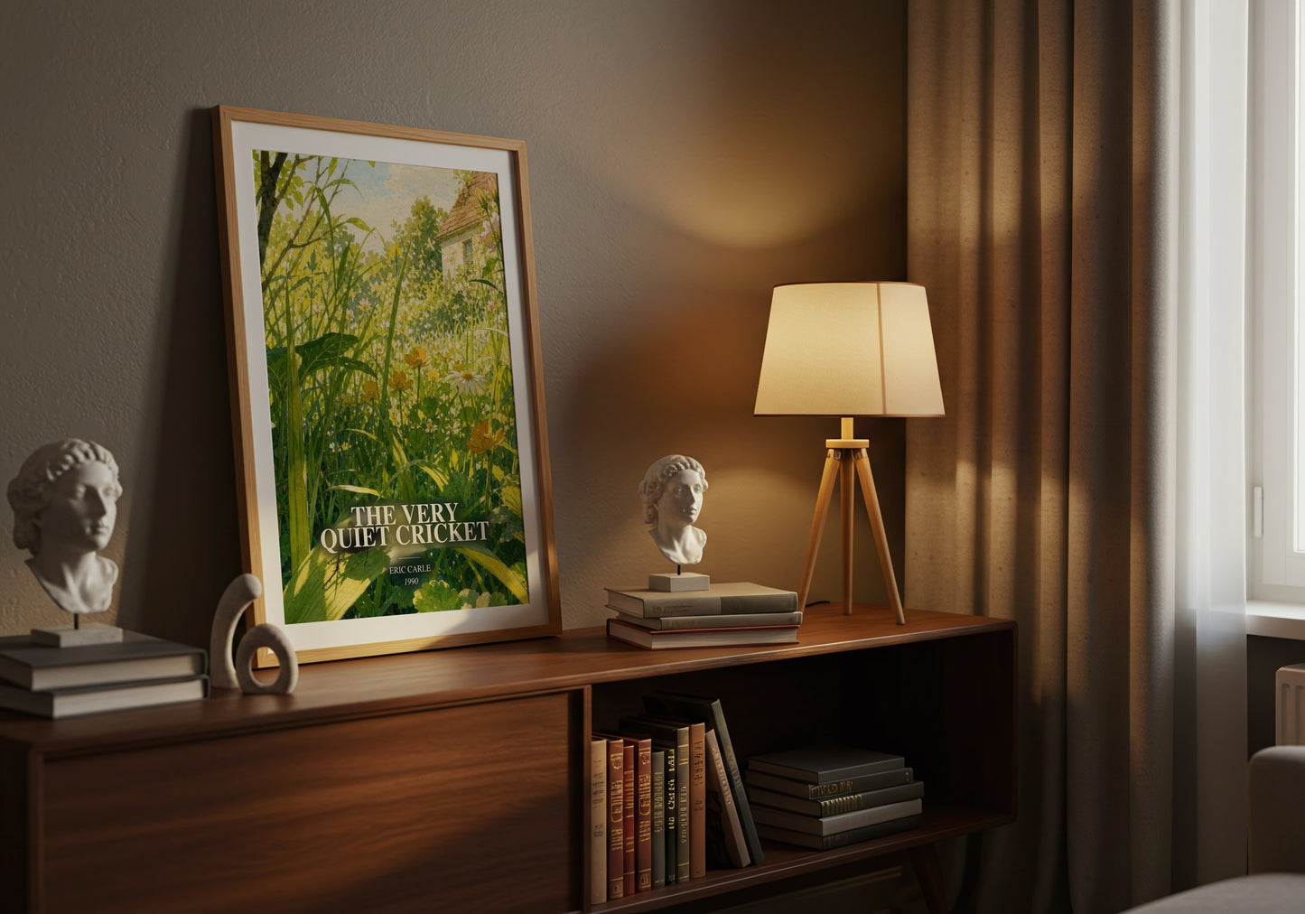 The Very Quiet Cricket watercolour print on bookshelf – Eric Carle fan gift