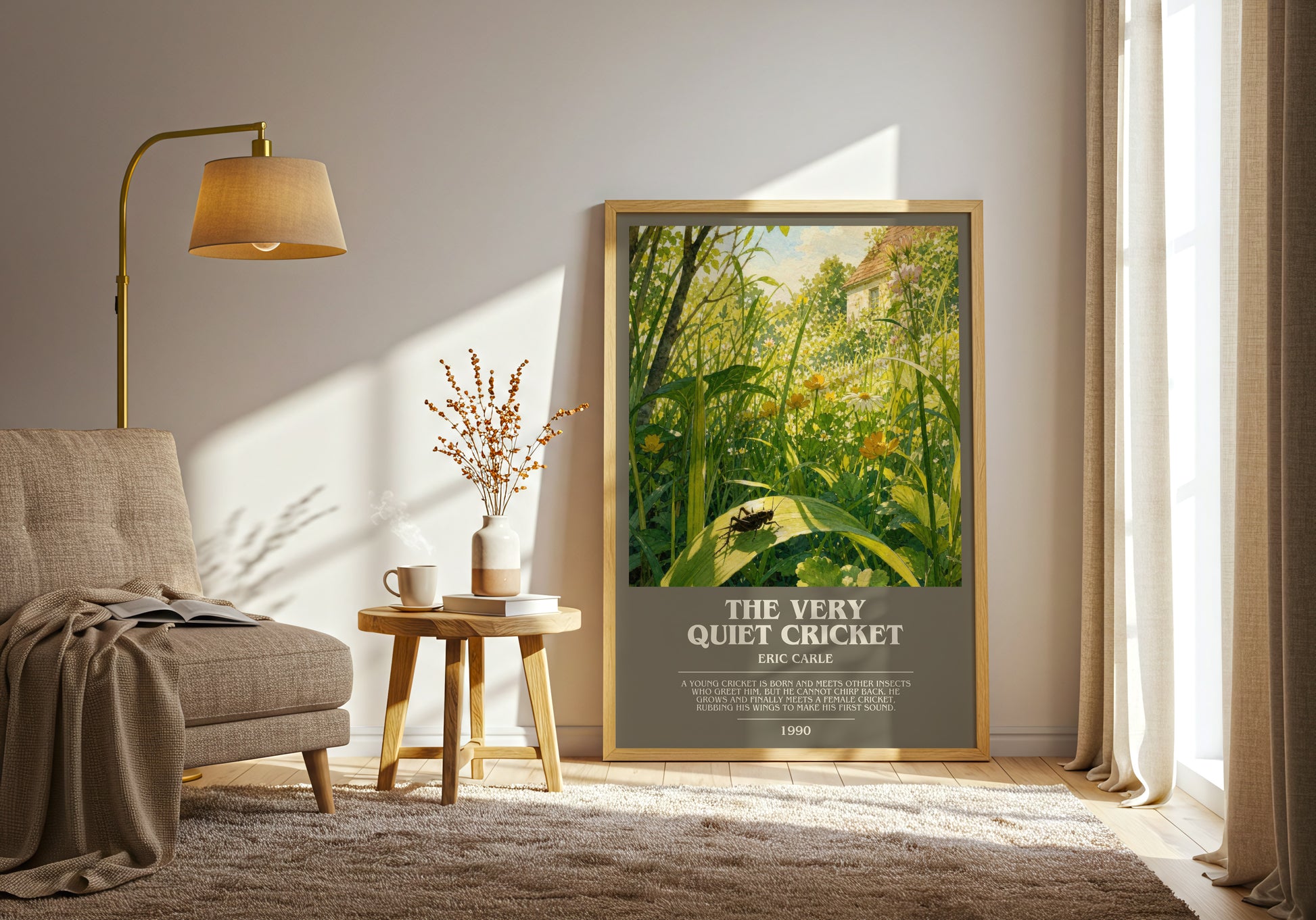 The Very Quiet Cricket bookish print on bookshelf – Eric Carle fan gift