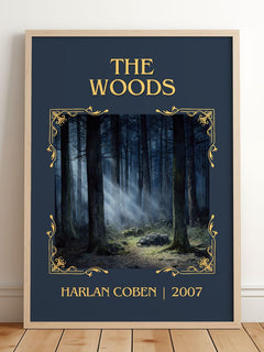 The Woods Classic Book Art Print by Harlan Coben – framed print leaning on a wooden floor