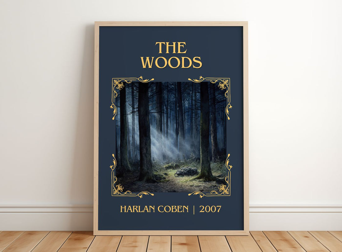 The Woods Classic Book Art Print by Harlan Coben – framed print leaning on a wooden floor