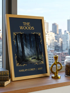 The Woods Classic Book Art Print by Harlan Coben – framed print on a city-view windowsill