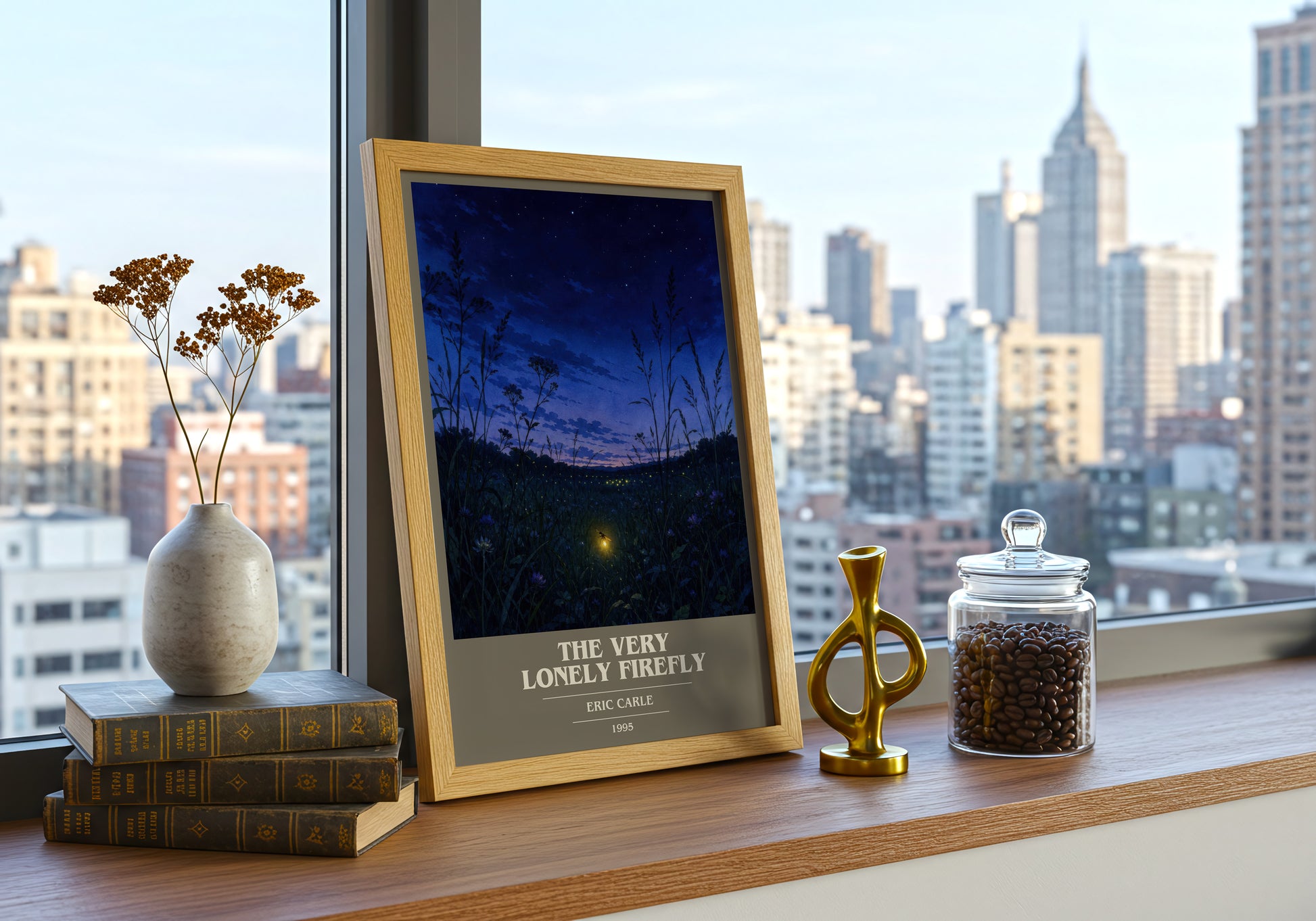 The Very Lonely Firefly book cover print framed by window – literary home decor