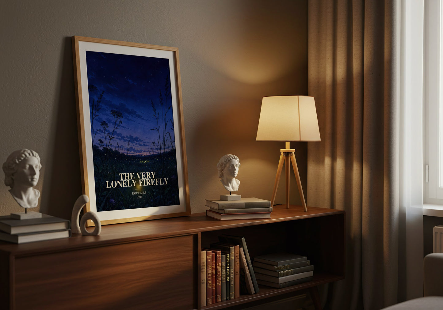 The Very Lonely Firefly watercolour print on bookshelf – Eric Carle fan gift