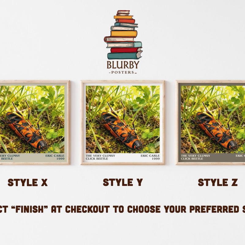 The Very Clumsy Click Beetle literary print in frame leaning in hallway – childrens wall art