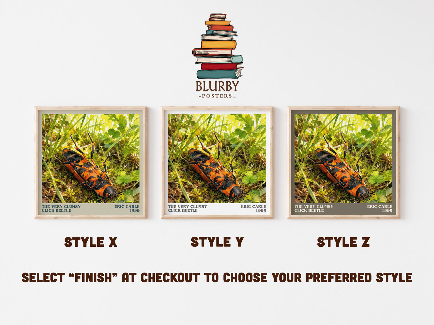 The Very Clumsy Click Beetle literary print in frame leaning in hallway – childrens wall art