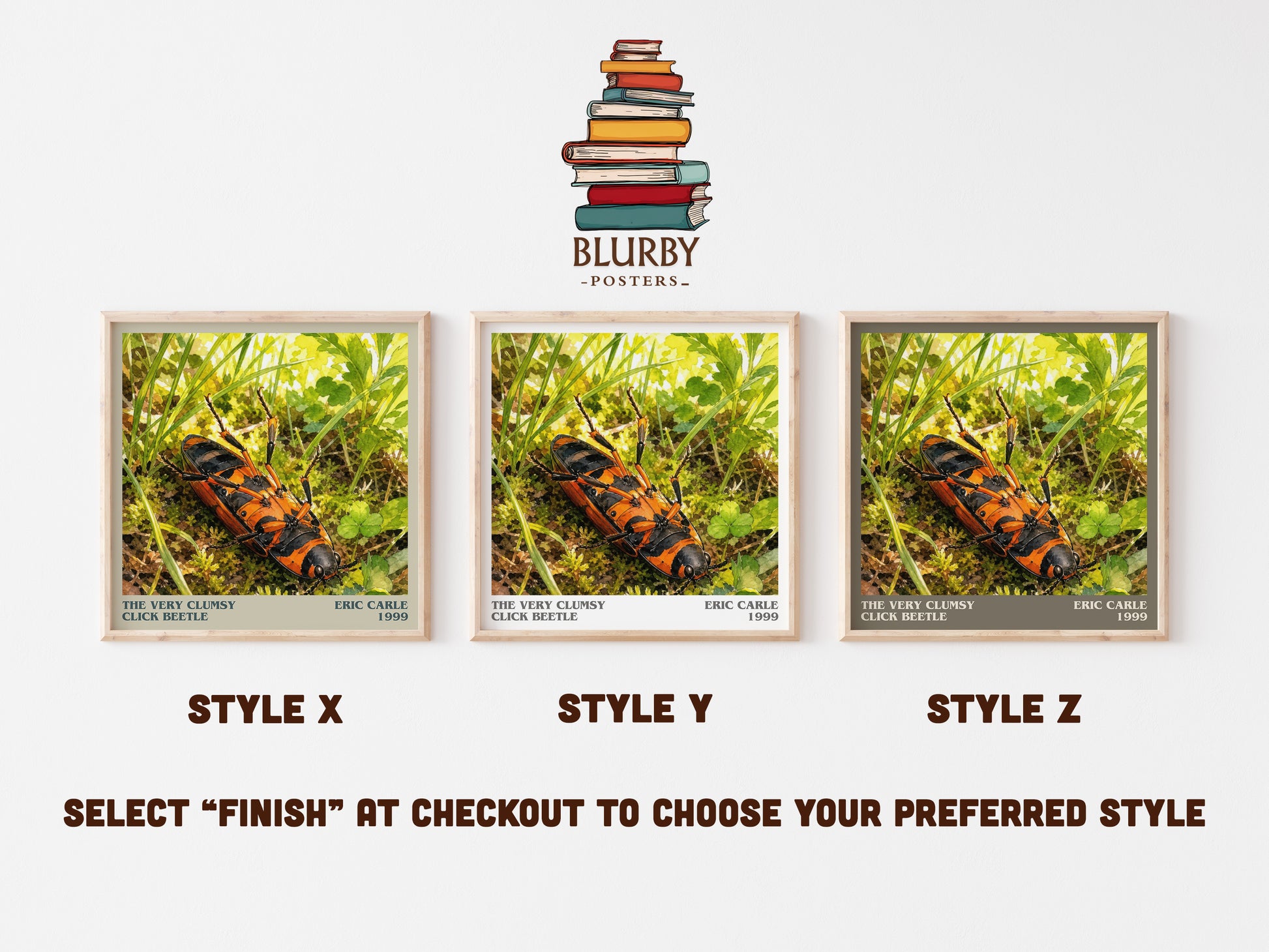 The Very Clumsy Click Beetle literary print in frame leaning in hallway – childrens wall art