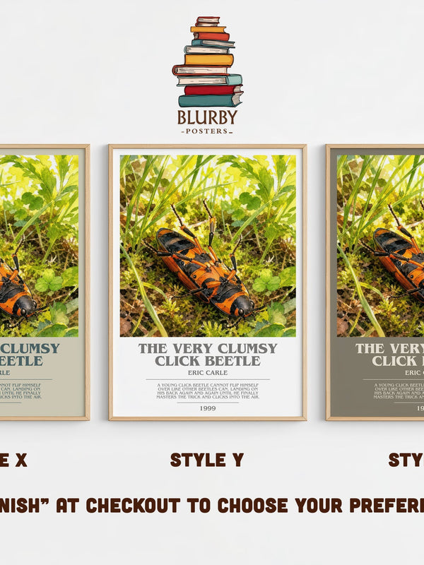 The Very Clumsy Click Beetle bookish print in frame leaning in hallway – childrens wall art