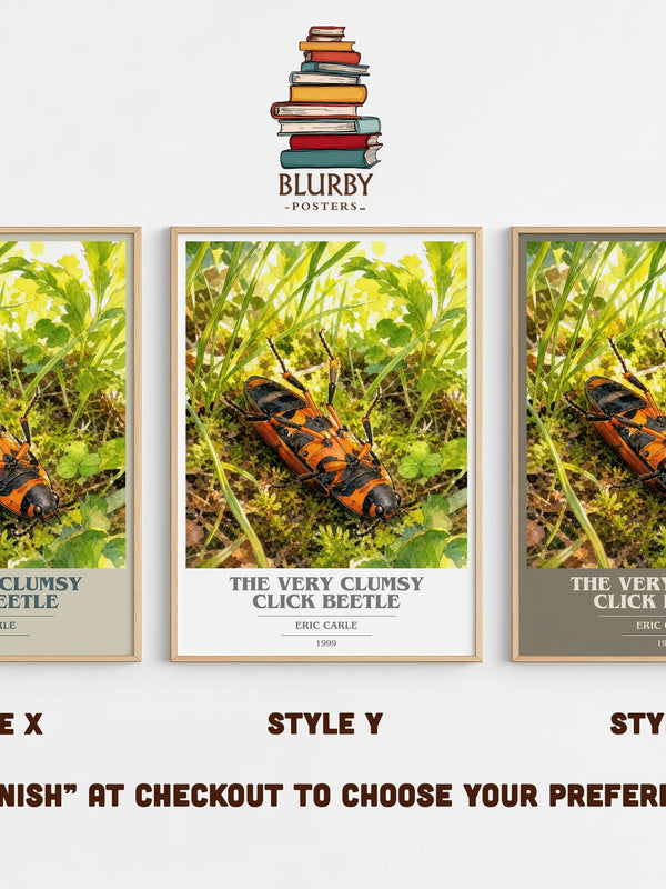 The Very Clumsy Click Beetle book cover print in frame leaning in hallway – childrens wall art