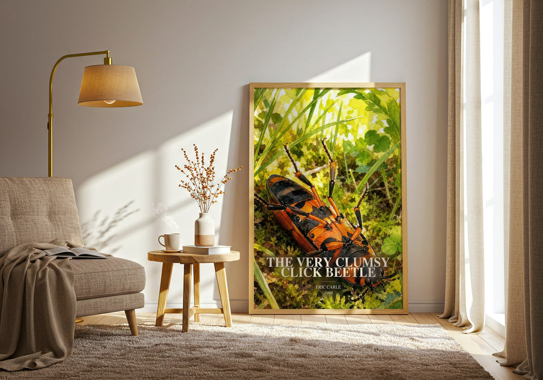 The Very Clumsy Click Beetle watercolour print in frame leaning in hallway – childrens wall art (mockup)
