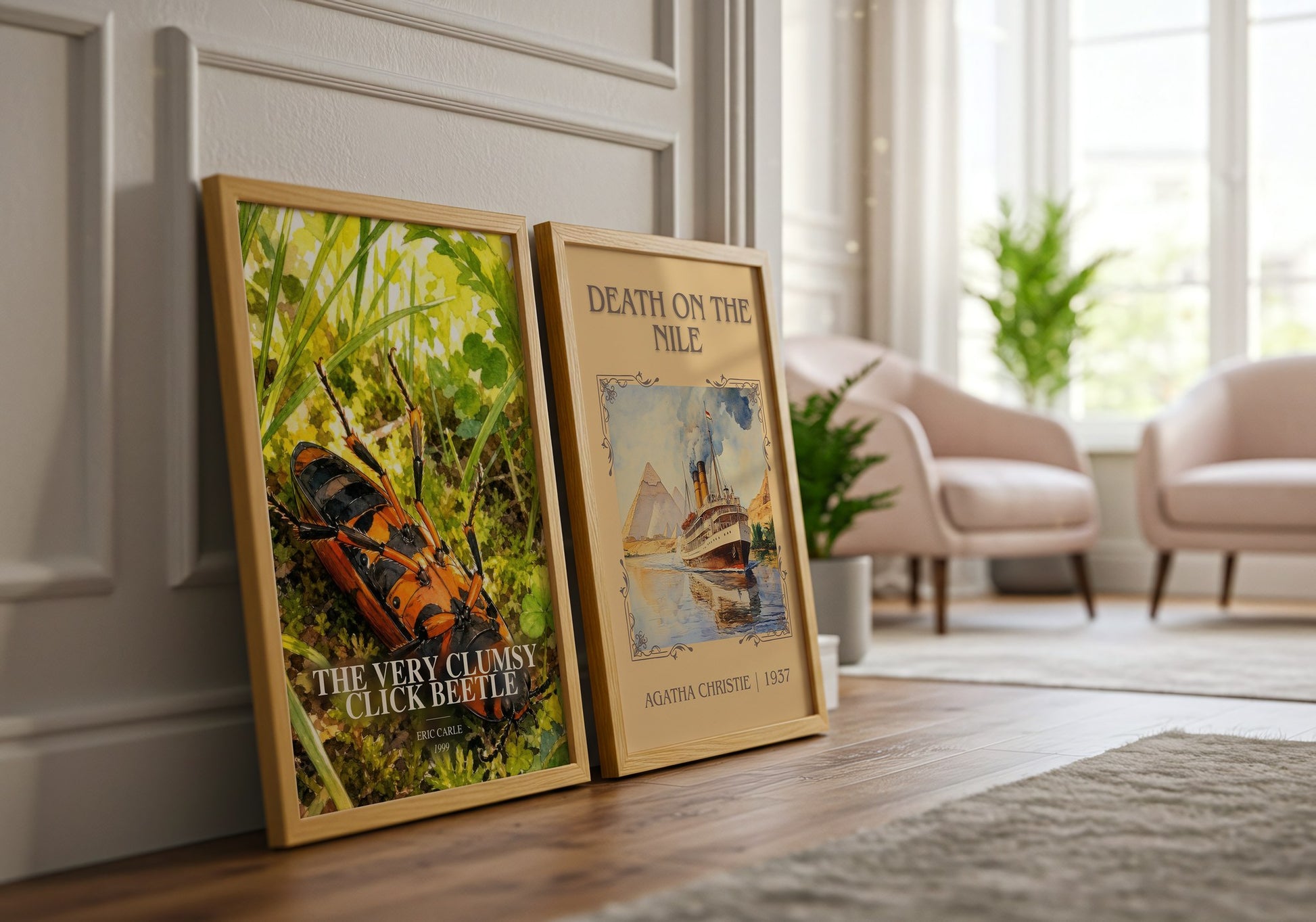 The Very Clumsy Click Beetle watercolour print framed by window – literary home decor