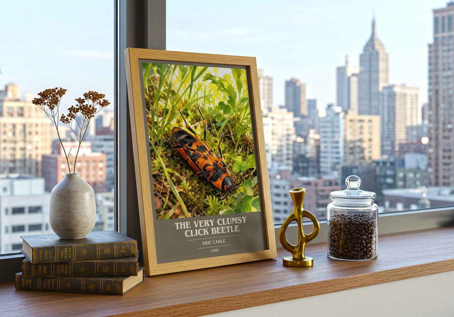 The Very Clumsy Click Beetle book cover print framed by window – literary home decor