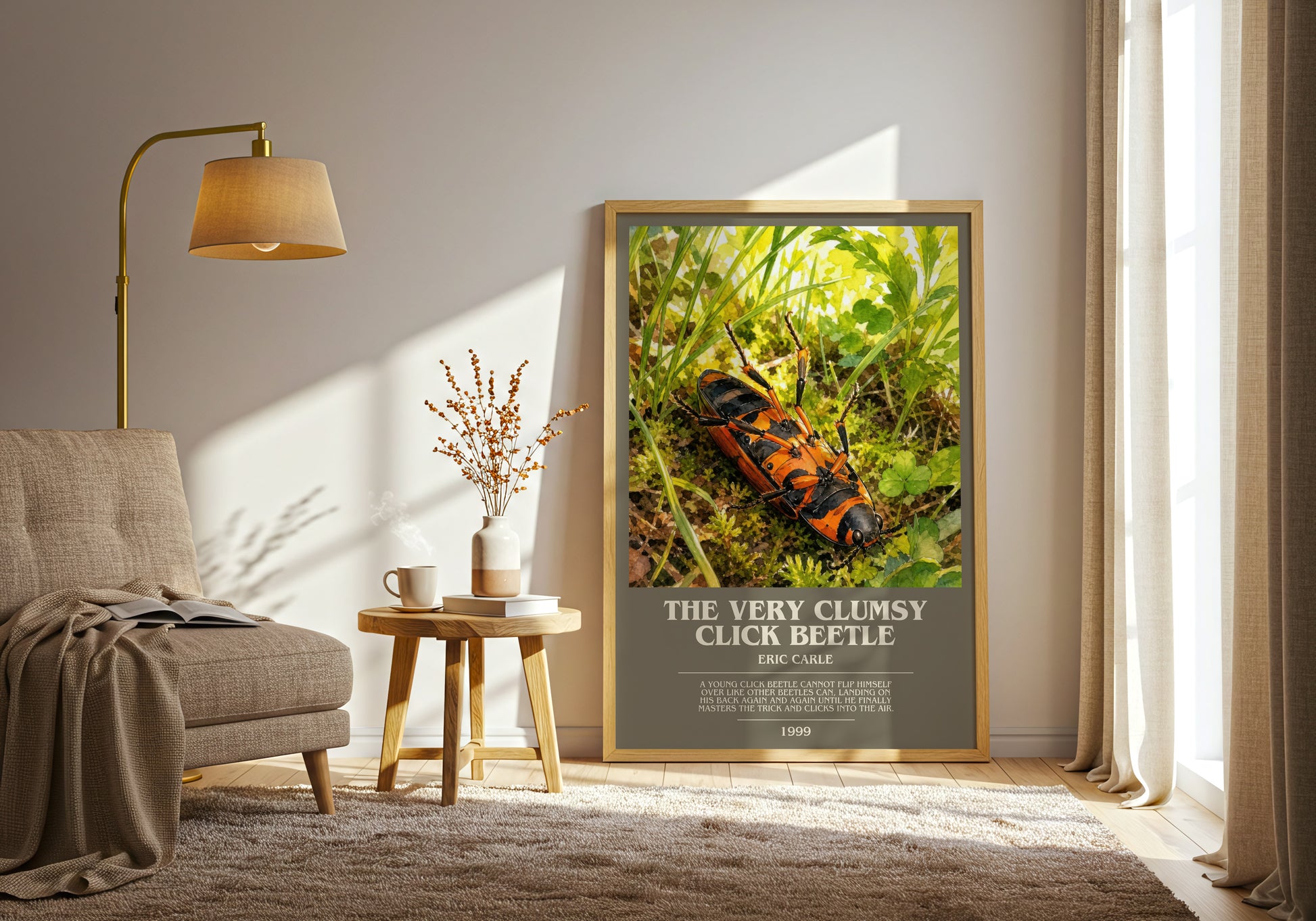 The Very Clumsy Click Beetle bookish print on bookshelf – Eric Carle fan gift