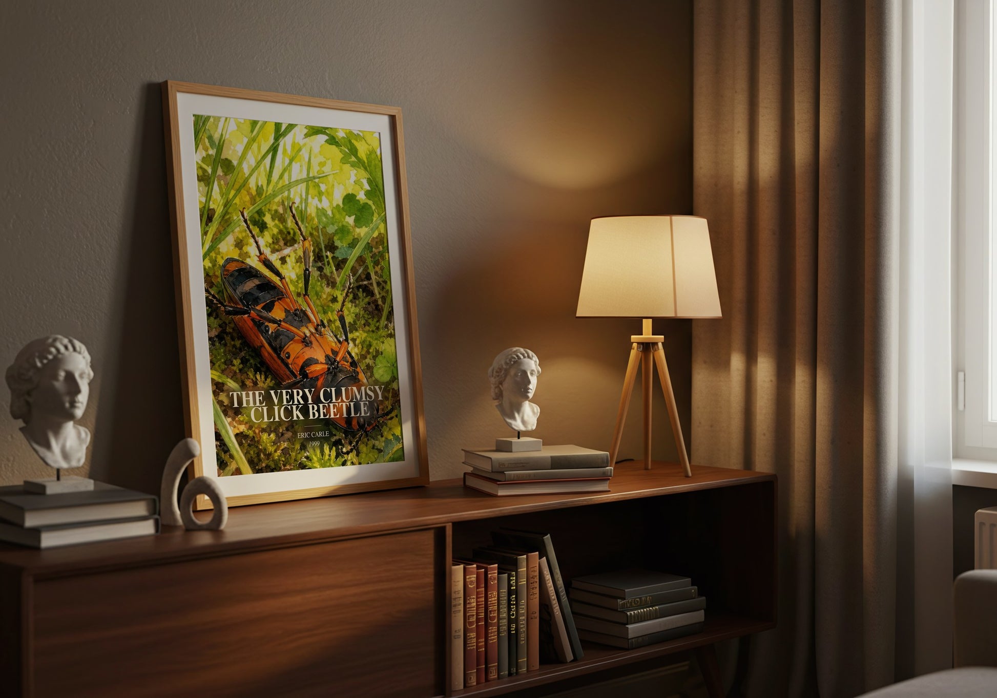 The Very Clumsy Click Beetle watercolour print on bookshelf – Eric Carle fan gift