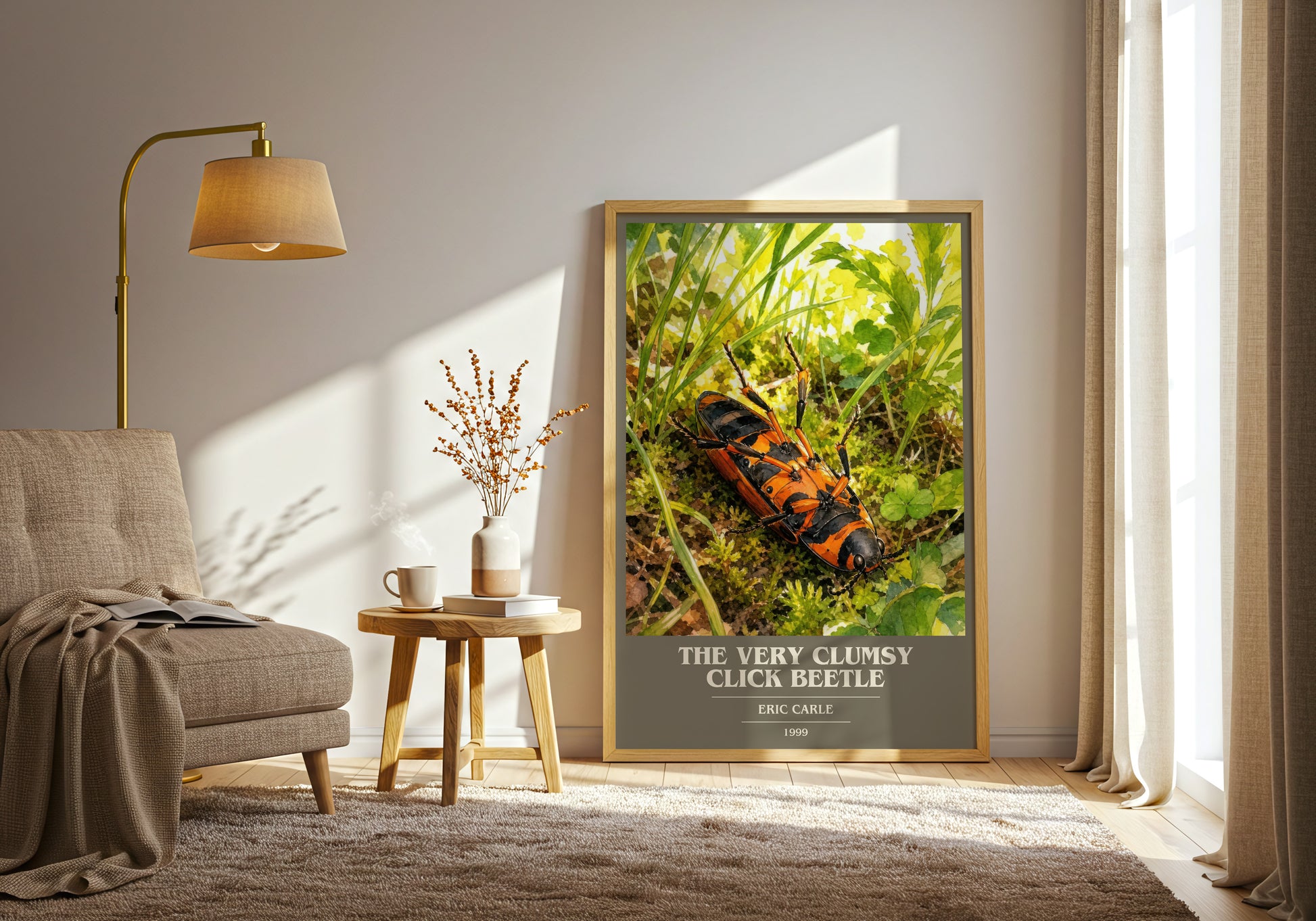The Very Clumsy Click Beetle book cover print on bookshelf – Eric Carle fan gift
